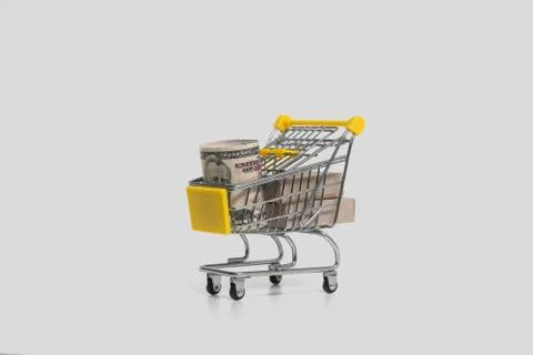 Boxes in a grocery basket on an isolated background. Ideas about online shopp Stock Photos