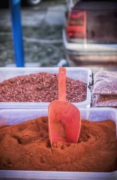 Boxes of ground paprika Stock Photos