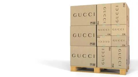 Boxes with Gucci logo on pallet. Editorial 3D rendering Stock Illustration