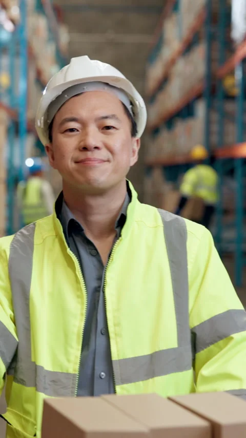 Boxes, happy and face of distribution worker in warehouse with confidence for Stock Footage 340539645