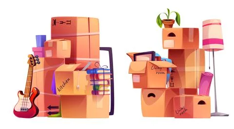 Boxes with house stuff on white background Ilustración de archivo