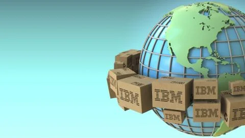 Boxes with IBM logo around the world, America emphasized. Conceptual editorial 스톡 일러스트