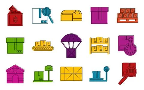 Boxes icon set, color outline style Illustrazione stock