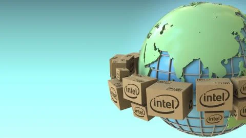 Boxes with Intel logo around the world, Asia emphasized. Conceptual editorial 3D Stock Illustration
