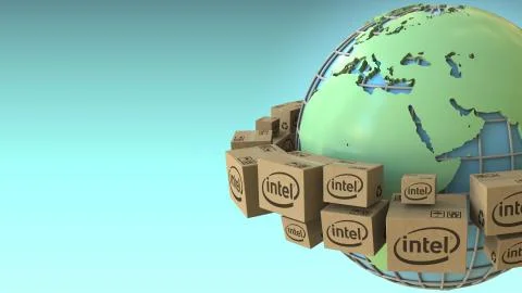 Boxes with Intel logo around the world, Europe and Africa emphasized. Conceptual Stock Illustration