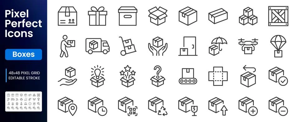 Boxes line icon set. Package, delivery, warehouse, truck, freight location Stock-Illustration