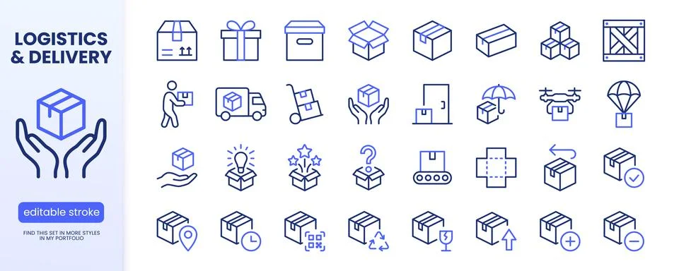 Boxes line icon set. Package, delivery, warehouse, truck, freight location Stock Illustration