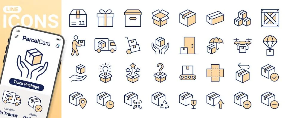 Boxes line icon set. Package, delivery, warehouse, truck, freight location Stockillustratie