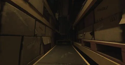 Boxes lined up in a narrow storage aisle at a dimly lit warehouse Stock Illustration