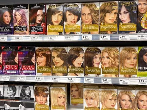 Boxes of L'Oreal Paris Superior Preference hair dye in the beauty aisle of a Stock-Fotos