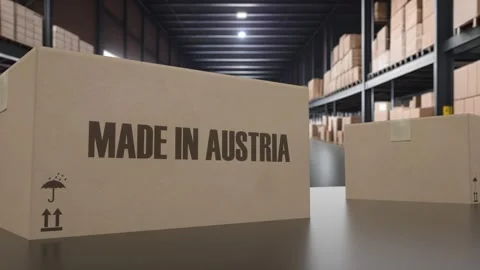 Boxes with MADE IN AUSTRIA text on conveyor. AUSTRIA goods related loopable 3D 動画素材 243130563