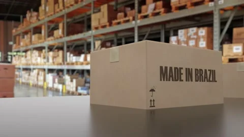 Boxes with MADE IN BRAZIL text on conveyor. BRAZIL goods related loopable 3D 動画素材 169042976