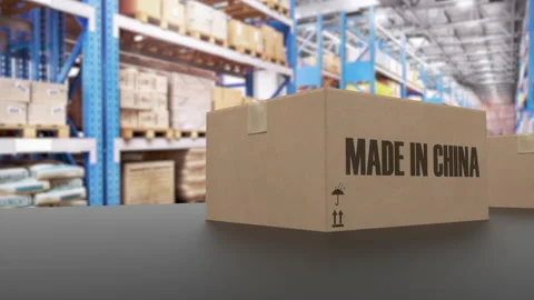 Boxes with MADE IN CHINA text on conveyor. Chinese goods related loopable 3D 動画素材 159446042