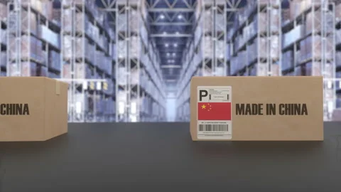 Boxes with MADE IN CHINA text on conveyor. Chinese goods related loopable 3D 스톡 동영상 159680524