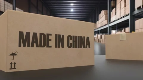 Boxes with MADE IN CHINA text on conveyor. Chinese goods related loopable 3D 動画素材 240034074