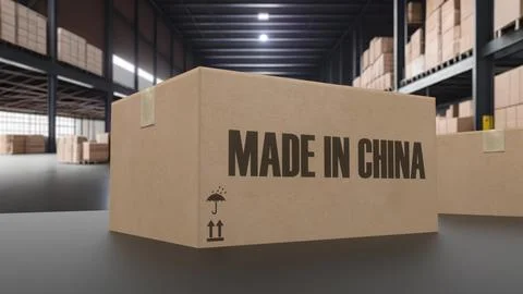 Boxes with MADE IN CHINA text on conveyor. Chinese goods related loopable 3.. Illustrazione stock