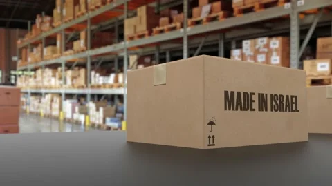 Boxes with MADE IN ISRAEL text on conveyor. Israeli goods related loopable 3D Stock Footage 167660165