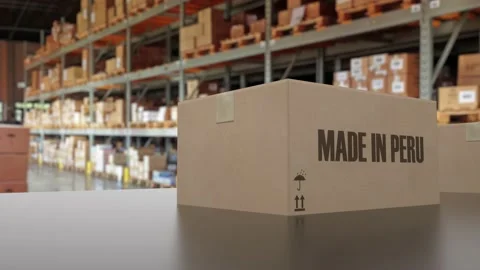 Boxes with MADE IN PERU text on conveyor. Peruvian goods related loopable 3D 動画素材 169306376