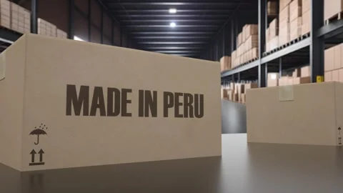 Boxes with MADE IN PERU text on conveyor. Peruvian goods related loopable 3D Video stock 243602475