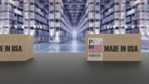Boxes with MADE IN USA text on conveyor. American goods related loopable 3D Video stock 159510201