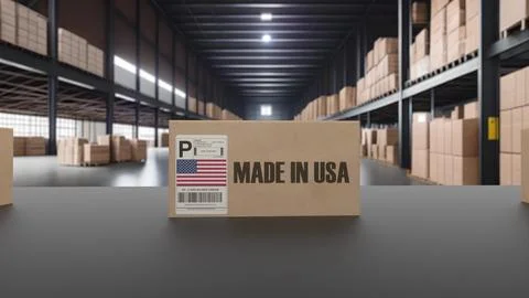 Boxes with MADE IN USA text on roller conveyor. 3d illustration Stock Illustration