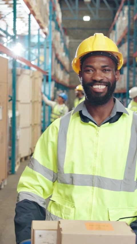 Boxes, man and face of logistics worker in warehouse with confidence for Stock Footage 340539621