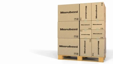 Boxes with Marubeni logo on pallet. Editorial 3D animation Stock Footage 97448009