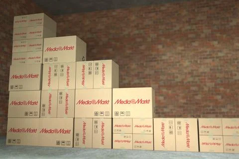Boxes with MEDIA MARKT logo make up a declining bar chart. Editorial crisis 스톡 일러스트
