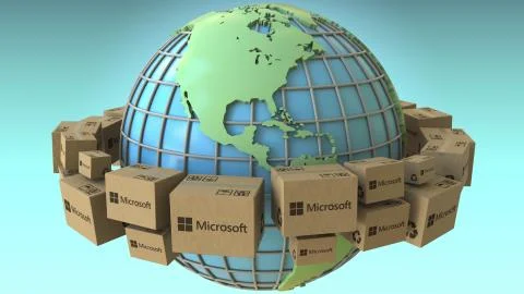 Boxes with Microsoft logo around the world, America emphasized. Conceptual 스톡 일러스트
