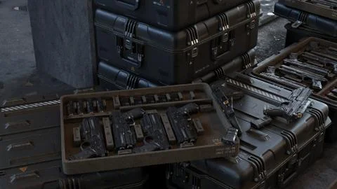 Boxes with modern weapons and ammunition in a military warehouse. 3D Rendering. Stock Illustration