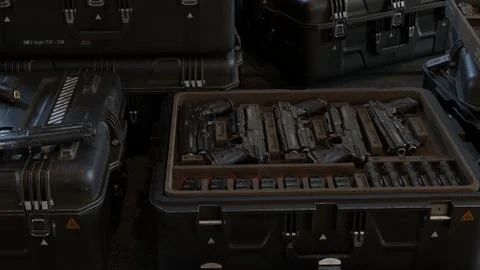 Boxes with modern weapons and ammunition in a military warehouse. 3D Rendering. Stock Illustration