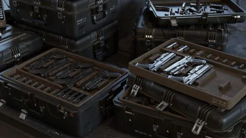 Boxes with modern weapons and ammunition in a military warehouse. 3D Rendering. Stock Illustration