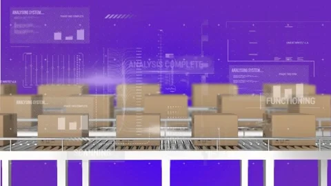 Boxes moving on belt activating HUD showing ANALYSIS COMPLETE FUNCTIONING, Video stock 326974172