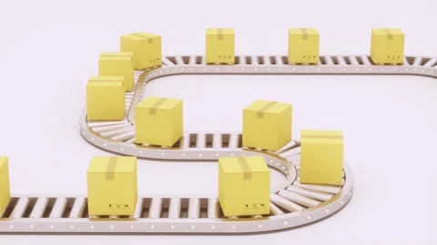 Boxes moving on conveyor belt in bright studio setting. Video stock 342420530