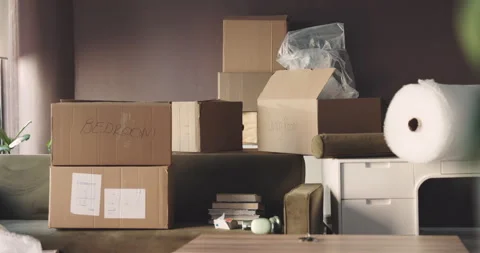 Boxes, moving or property with empty room in new home for relocation investment Stock Footage 316387206