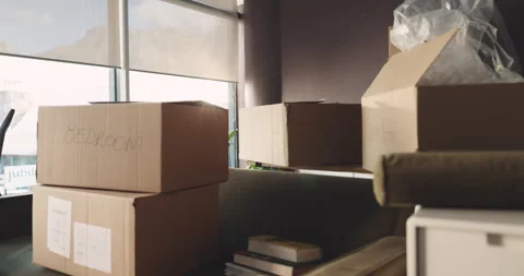 Boxes, moving in or relocation with empty room in new home for property Stock Footage 316280772