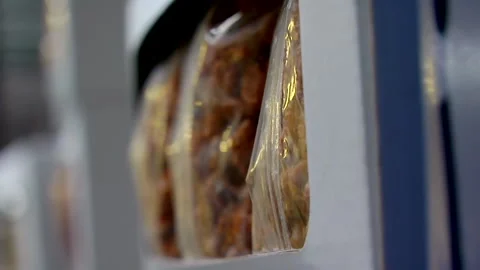 Boxes Of Nuts &amp; Drieded Fruit On Warehouse Shelves Stock Footage 136395334