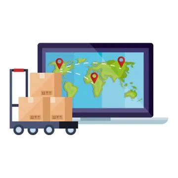 Boxes over cart and world map inside laptop vector design 스톡 일러스트