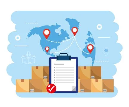 Boxes packages with check list and global map Stock Illustration