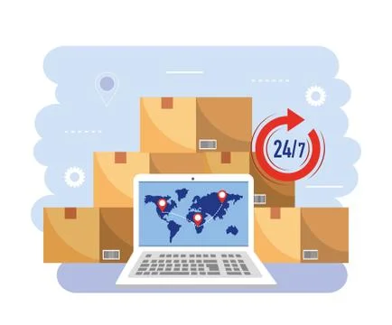 Boxes packages with laptop gps map location 스톡 일러스트
