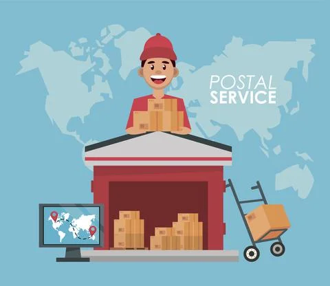 Boxes packings in warehouse with worker and computer Stock Illustration