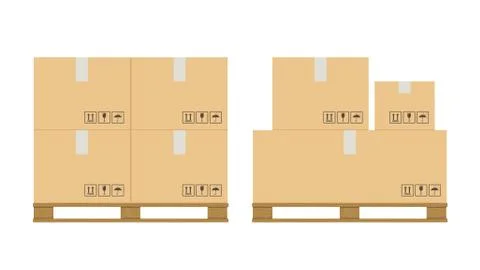 Boxes pallet. Cardboard box stack with fragile sign on wooden pallets, packaging Stock Illustration