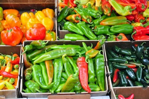 Boxes of peppers Stock Photos