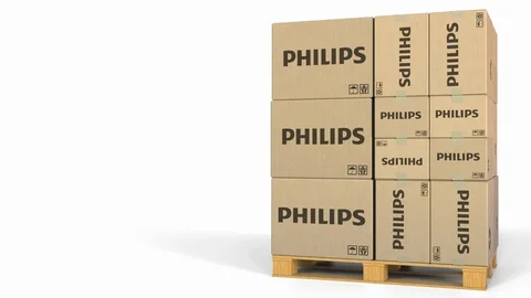 Boxes with Philips logo on pallet. Editorial 3D animation Stock Footage 97449240