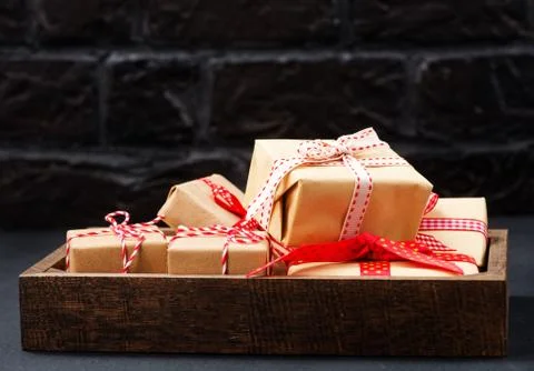 Boxes for present on the wooden table Stock Photos