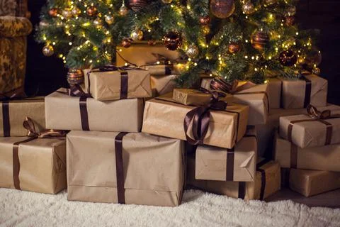 Boxes with presents under a Christmas tree Fotos Stock