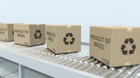 Boxes with PRODUCT OF BRAZIL text on roller conveyor. Brazilian import or export Stock Illustration