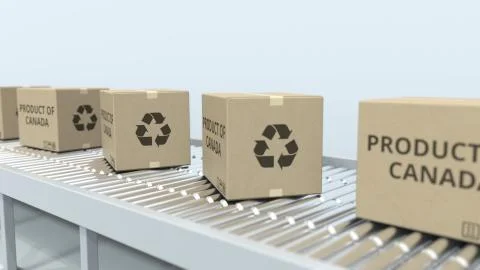 Boxes with PRODUCT OF CANADA text on roller conveyor. Canadian import or export Stock Illustration