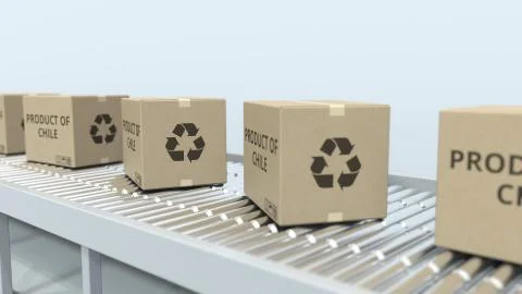 Boxes with PRODUCT OF CHILE text on roller conveyor. Chilean import or export Stock Illustration