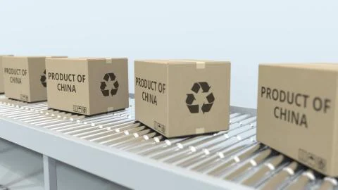 Boxes with PRODUCT OF CHINA text on roller conveyor. Chinese import or export Stock Illustration